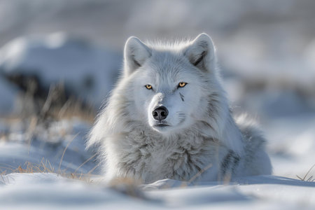 Portrait of a white arctic wolf in the snow in winterの素材