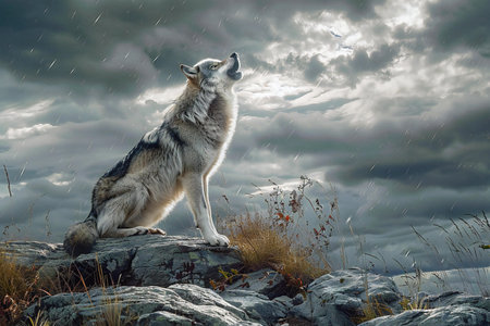 Grey wolf sitting on a rock and looking at the stormy skyの素材