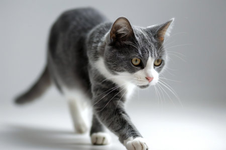 Gray and white cat on a white background. Shallow depth of fieldの素材