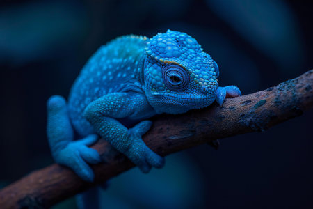 Blue chameleon on a branch, closeup of photo.の素材