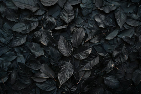 Black leaves background, top view, flat lay. Dark leaves textureの素材
