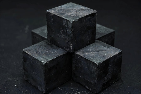 Pile of black coal cubes on black background, closeup.の素材
