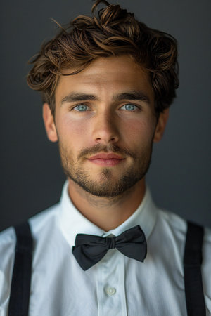 Portrait of a handsome young man in a white shirt and bow tieの素材