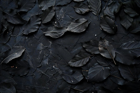 Dry black leaves on black background. Top view. Flat lay.の素材
