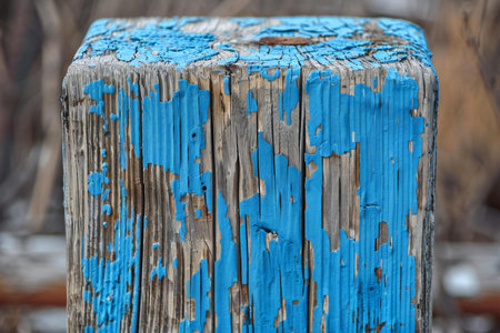 Wooden post with blue paint, close-up. Selective focus.の素材