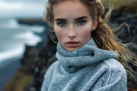 Beautiful young girl with blue eyes in a gray sweater on the background of the sea.の素材