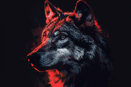 Portrait of a wolf on a black background in a red light.の素材