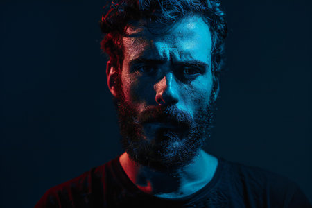 Portrait of a handsome man with a beard on a dark background.の素材