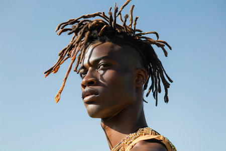 Portrait of african american man with dreadlocks against blue skyの素材