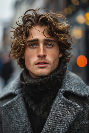 Portrait of a handsome young man in a coat on the streetの素材