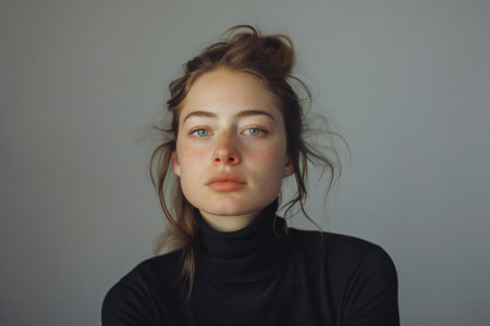 Portrait of a beautiful young woman with freckles on her faceの素材