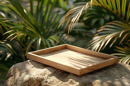 Wooden tray with palm leaves on stone in garden, closeupの素材