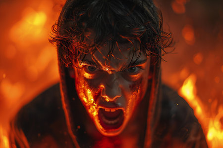 Scary zombie in the fire. Horror movie. Halloween concept.の素材