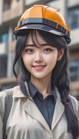 beautiful asian woman construction worker wearing safety helmet in the cityの素材
