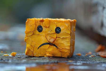 Sad face on a piece of orange soap. Emoticon.の素材