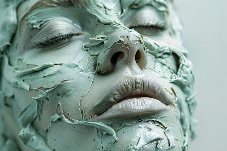 Close up of woman face with green clay mask. Beauty and spa conceptの素材