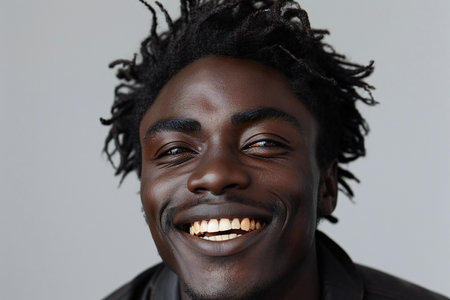 Portrait of a happy young african american man smiling against grey backgroundの素材