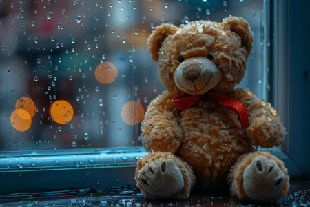 Teddy bear sitting on the window with rain drops and bokeh backgroundの素材