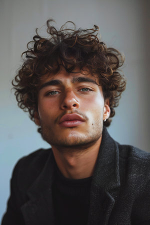Portrait of a handsome young man with curly hair. Men's beauty, fashion.の素材