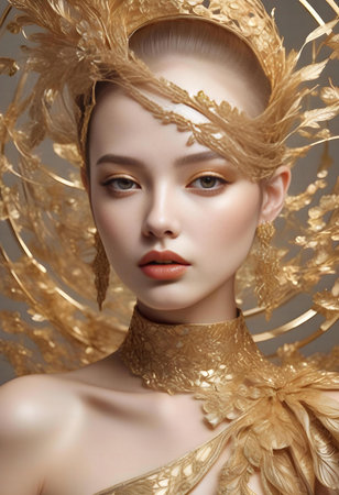 Portrait of beautiful girl with golden make-up and hairstyleの素材