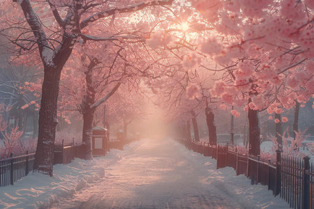 Cherry blossoms in the park on a foggy winter dayの素材