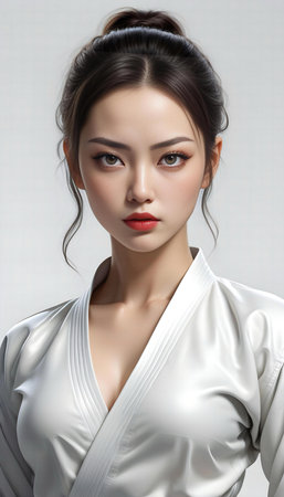 Beautiful asian woman wearing white kimono and red lipsの素材