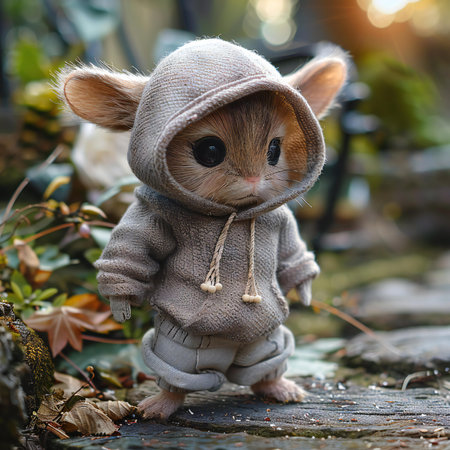 Little toy mouse in a hat on a background of autumn leaves.の素材