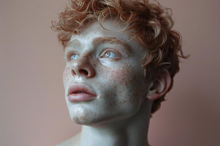 Portrait of a red-haired freckled girl with freckles on her faceの素材