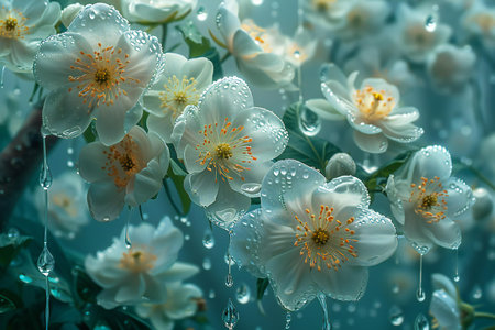 White jasmine flowers with water drops on blue background, close upの素材