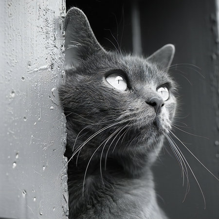 portrait of a gray cat on the background of a wooden doorの素材