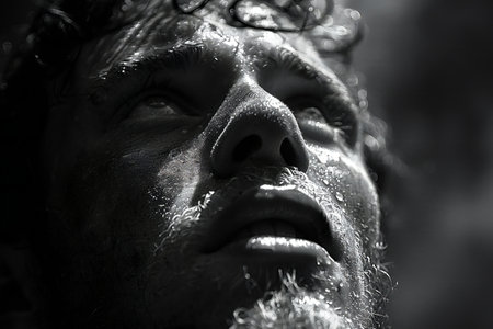 Portrait of a man with a beard and wet hair. Black and white.の素材