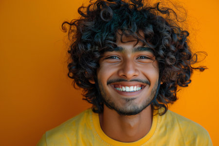 Portrait of a happy young man with curly hair on yellow backgroundの素材