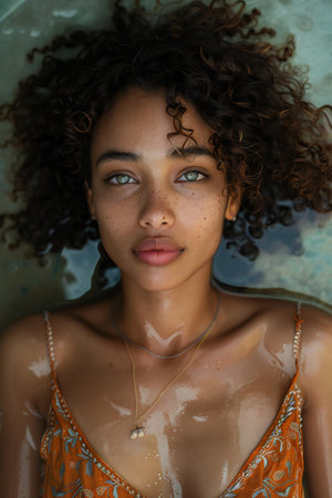 Portrait of a beautiful young African-American woman in a bathtub.の素材