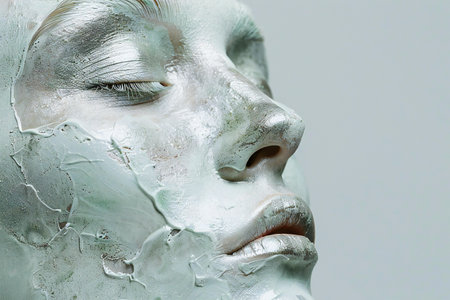 Close up of woman face with cosmetic clay mask on her face.の素材