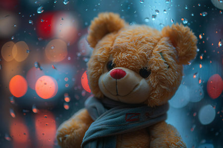 Teddy bear with rain drops on the window, defocused backgroundの素材