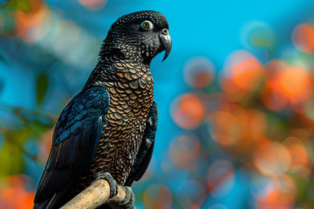 Portrait of a black parrot on a branch with blurred backgroundの素材