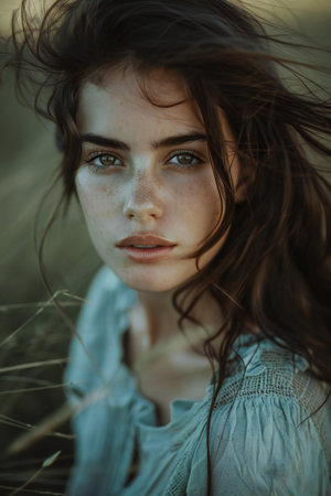 Portrait of a beautiful young woman with long hair in the fieldの素材