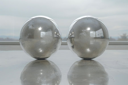 Two metal spheres on a glass table with reflection in the window.の素材