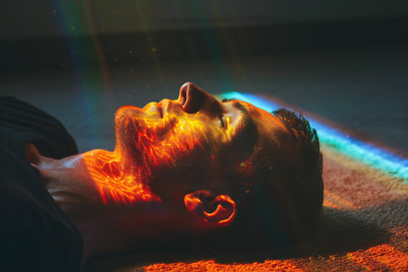 Young man lying on a floor with his eyes closed in a conceptual imageの素材