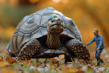 Figurine of a tortoise in the autumn forest. Selective focus.の素材