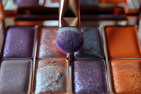 Make-up brush and eyeshadow palette close-up.の素材