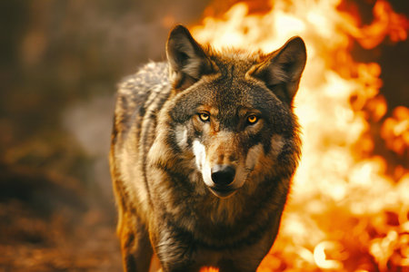 Portrait of a wolf in the forest on a background of fireの素材