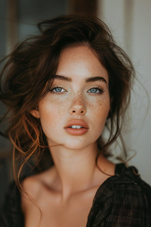 Portrait of a beautiful young woman with freckles on her faceの素材