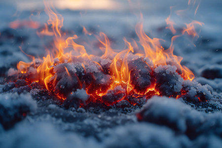 Burning fire in the winter forest at sunset. Close-up.の素材