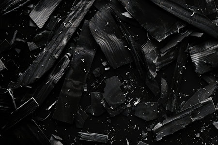 Pieces of burnt paper on a black background. Copy space.の素材