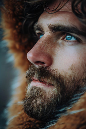Close-up portrait of a man with a beard and mustache.の素材