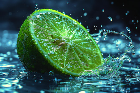 Fresh lime with water splash on dark background, macro photo with selective focusの素材