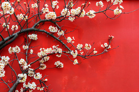 Plum blossom on red wall background, copy space for textの素材