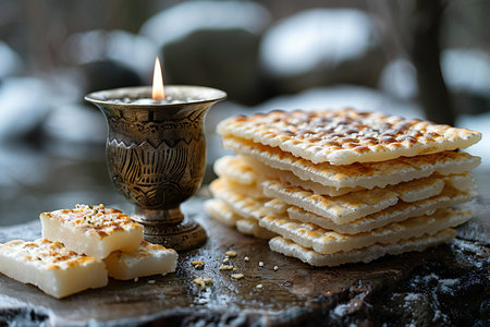Pancakes with butter and a burning candle on a wooden boardの素材