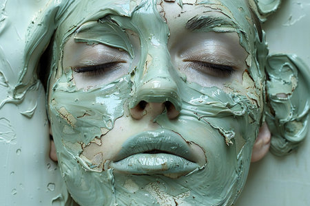 Young woman with green clay mask on face. Beauty treatment concept.の素材